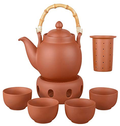 Aricola Ton Teeservice Tenno 6-teilig. Bestehend aus Ton Teekanne 1,1 Liter, Stövchen und 4 Tontassen. Handgefertigt, Original