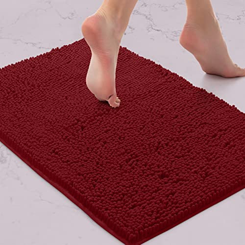 LuxUrux Bath Mat-Extra-Soft Plush Bath Shower Bathroom Rug, 1'' Chenille Microfiber Material, Super Absorbent Shaggy Bath Rug (Maroon, 42 x 60 cm)