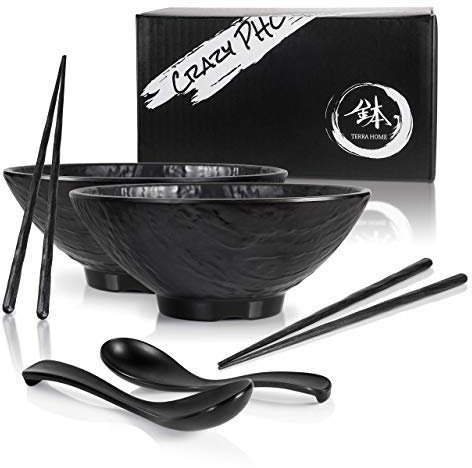 TERRA HOME Pho Ramen Bowls and Spoons Set with Anti-Slip Chopsticks - Large Noodle Bowl Set for Ramen Pho or Any Soup Noodles - All 6 Pieces in Matte Black Unbreakable Melamine - 54 Ounce