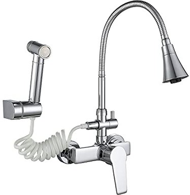 grifo cocina pared Grifo de cocina de pared grifo de agua caliente y fría lavabo de lavabo grifo giratorio universal doble salida de cobre con pistola rociadora