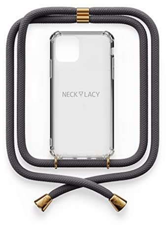 NECKLACY® - Die Premium Handykette für Apple iPhone 12 Pro Max in Stormy Grey | transparente Handyhülle mit hochwertiger Kordel zum Umhängen - Smartphone Crossbody Case