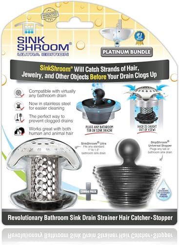 SinkShroom Ultra Revolutionary Bathroom Sink Drain Protector, Stainless Steel, Combo with Stopper