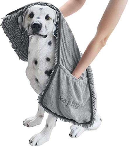 Furfox Saugfähiges Hundehandtuch, Mikrofaser, schnell trocknend, maschinenwaschbar, mit Handtaschen, Haustierhandtuch für mittelgroße und große Hunde, 89,9 x 38,1 cm