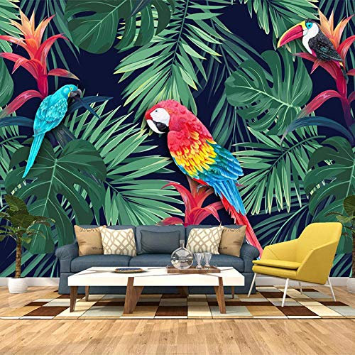 Yimesoy Benutzerdefinierte 3D Wandbild Nordic Tropische Pflanze Grünes Blatt Papagei Tapete Wohnzimmer Tv Sofa Esszimmer Hintergrund Wanddekor 400Cm(W)×280Cm(H)