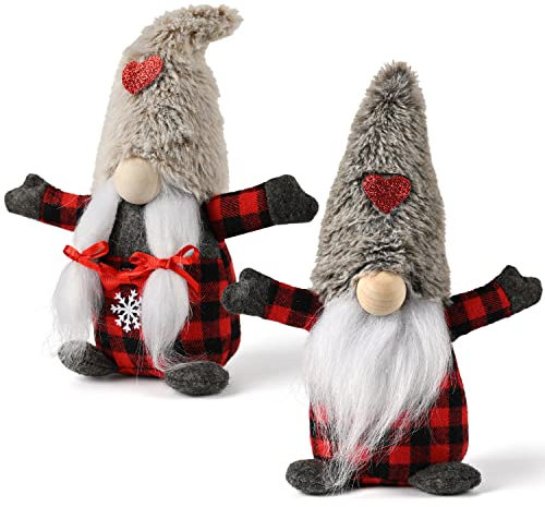 D-FantiX Weihnachtszwerge Dekorationen, 2 Stück handgemachte schwedische Tomte Xmas Gnomes Plüsch Ornamente, Santa Figuren mit Buffalo Plaid, Elf Puppe Weihnachten Tisch Dekorationen Geschenk