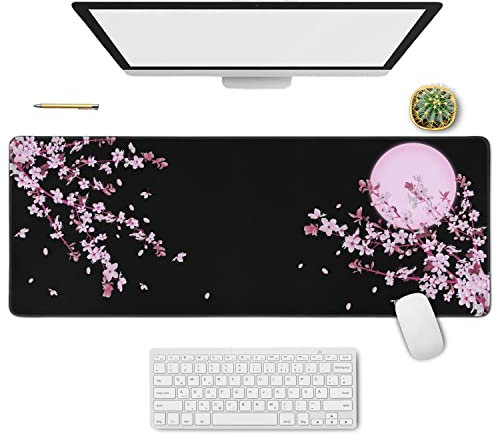 Japanese Cherry Blossom Sakura Mouse Pad Black XL, Extended Large Mouse Pad, Kawaii Pink Black Mousepad, Moon Floral Long Big Desk Mouse Mat, Cherry Blossom Decor Stuff Accessories, 31.5 X 11.8 Inch