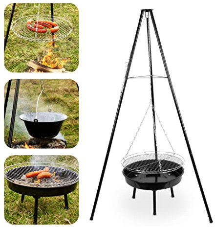 Bavarian - Barbacoa giratoria con brasero (parrilla redonda de 50 cm, trípode de 152 cm, brasero de 60 cm, para barbacoas de carbón vegetal, camping al aire libre, fiesta, jardín, viajes