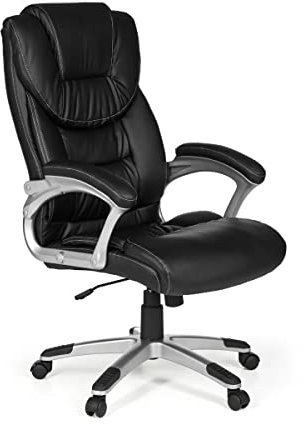 möbelando Bürostuhl Madrid Kunstleder Schwarz ergonomisch mit Kopfstütze | Design Chefsessel Schreibtischstuhl mit Wippfunktion | Drehstuhl hohe Rücken-Lehne X-XL 120 kg