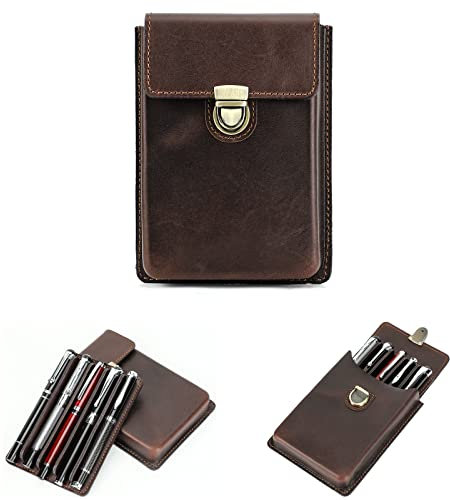 Hiram Leather Pen Case for 5 Pens Portable Genuine Leather Fountain Pens Storage Case with Secured Brass Lock Closure and Type Removable Pen Tray Design (Coffee)