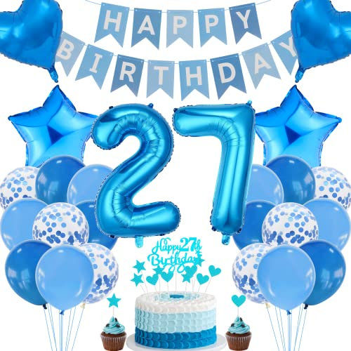 Cnrose 27. Geburtstag Dekoration - Blau Tortendeko für Mann und Frau, Party Deko, Geburtstagsdeko für 27 Jahre