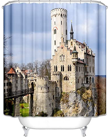 EHOMERY Duschvorhang Qualität Duschrollo Maßanfertigung Schloss Duschvorhang Kinder Duschrollo Gebogen Polyester Rostfreie Ösen Und 12 Hakenringe, 140X180Cm