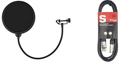 TIGER MSA21-BK Microphone Pop Filter - Double Layer Sound Shield - 360 Degree Flexible Gooseneck for Blue Yeti, AKG, Samson & Stagg 3m XLR to XLR Plug Microphone Cable