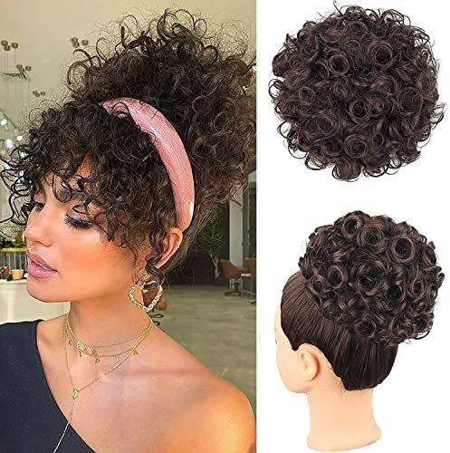 PORSMEER Haarteil Dutt Haar Bun mit Elastischer Kordelzug Kurz Locken Welle Pferdeschwanz Haarteil Kunsthaar wie Echthaar Updo Haarverlängerung zopf für Frauen Tägliche,Dunkelbraun