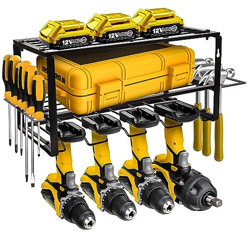 MoDinzo Power Tool Organizer, Alloy Steel Tool Holder for Garage Organization, 3 Layer Floating Shelf 4 Drill Holder, Black Storage Rack for Tool Organizing with Screws, Anchors, Spanners.