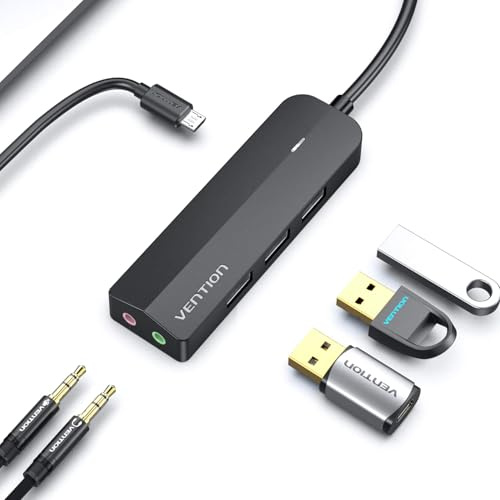 VENTION USB 3.0 Hub 3 puertos USB tarjeta de sonido 2 en 1 adaptador de audio estéreo externo 3.5mm con auriculares y micrófono de alta velocidad para ordenador portátil Mac OS Windows Linux