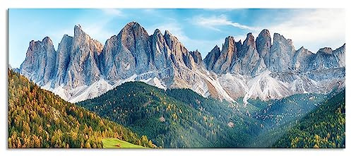 Pixxprint Glasbild Panorama, Wandbild aus Echtglas, Bunte Waldlandschaft vor den Dolomiten, 120x50 cm, inkl. Aufhängung und Abstandshalter
