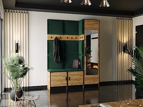 KIER FURNITURE Garderobe mit Sitzfläche Roj20 - Gepolstertes Paneel an Seite des Schrankes - Kleiderschrank aus Laminierter Spanplatte - Höhe 205 cm - 159,6x205x39 cm Eiche Craft Gold + Stoff Grün