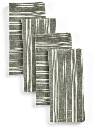 Solino Home Leinen Streifen Dinner Servietten 4er Set - 20 x 20 Zoll 100% reines Leinen Grün und Weiß Servietten für Herbst, Erntedankfest, Weihnachten - Chelsea Stripe, handgefertigt und