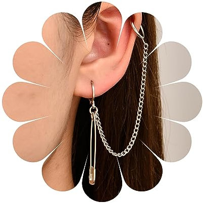 Inateannal Punk Sicherheitsnadel Manschettenknopf Ohrringe Kette Baumeln Ohrringe Sicherheitsnadel Kette Knorpel Ohrringe Silber Lange Kette Quaste Ohrringe Schmuck Für Frauen Und Mädchen