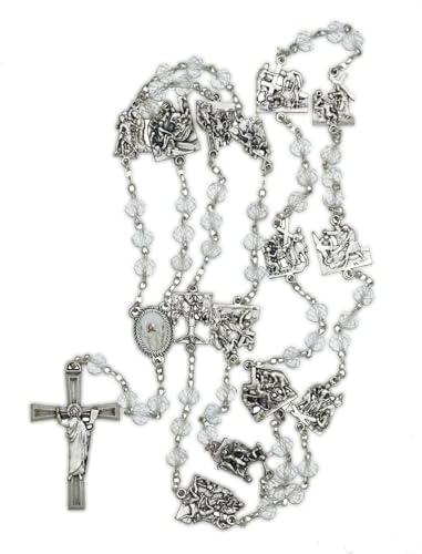 lazzaro italy Rosario religioso católico VIA CRUCIS oración mujer. Collar con cuentas de cristal. Estaciones y cruz plateadas. Corona de Cuaresma. artesanía italiana