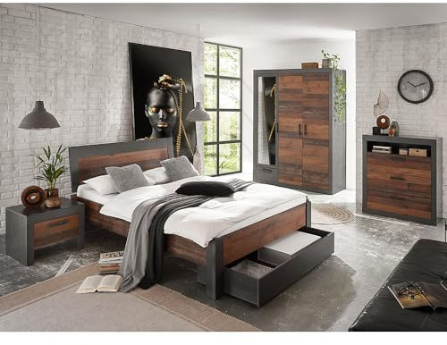 Lomadox Schlafzimmer Komplett Set im Industrial Look, Matera anthrazit/grau mit Old Mix Dekor