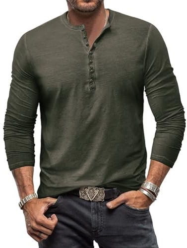YawYews Mens Long Sleeve Tops Henley T Shirt for Men Cotton Casual Grandad Vintage T Shirts Tee with Buttons Green 2XL