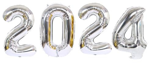D2D |Silvester 2024 Ballons XXL in Silber - Größe: 100 cm - Folienballons - Zahlenballon - Neujahres Party - Helium Ballons