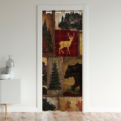 Homewish Ferme Rustique Rideau Occultant,Rideau de Porte de Chalet Vintage,Chasse Ours Cerf Rideau de Porte,Rideau de Placard en Érable,Woodland Pine Rideau de Porte,Rouge Brun 150x203