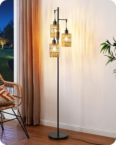 EDISHINE Lámpara de Pie, 163 cm para Sala de Estar, Lámpara de Pie Vintage Regulable, Lámpara de Pie Industrial con Bombilla LED E27, Pantalla de 3 Jaulas de Ratan, Interruptor de Pie, Color Negro