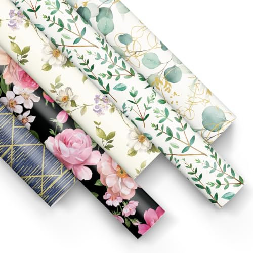 PAW - Geschenkpapier 200x70cm - 50 Rollen | Mix aus 5 Motiven | Elegante Papierrolle für Geburtstage, Hochzeiten, Babypartys, Partys und Geschenke - Florale Muster