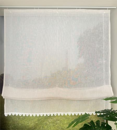 Vordesack Leinenoptik Raffrollo mit Blumenborte Klettband Sand BxH 50x140cm | Uni Raffgardine mit Klettverschluss Faltrollo Halbtransparenter Faltvorhang für Küche, Wohnzimmer & Café 1 Stück