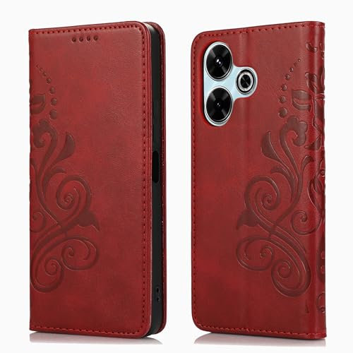 MOONESS Coque Compatible avec Xiaomi Redmi 13 4G (6.79),Housse en Cuir Magnetique Flip Embossée Case Portefeuille Etui pour Xiaomi Redmi 13 4G - Rouge