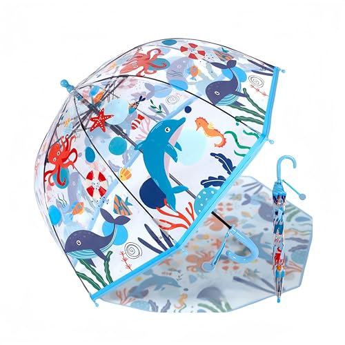 Kinder Regenschirm Kinder mit Kuppeldach Leichtes Niedliches Lustiges Design, Wind- und Regenschutzschirm,Stockschirm in Glockenform Transparent - Geschenke für Jungen und Mädchen(Blau Delfin)