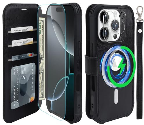 VANAVAGY Compatible for iPhone 16 Pro Wallet Case for Magsafe Wireless Charging,Leather Flip Folio Wrist [Glass Screen Protectors and Camera Lens Protectors] with RFID Block Card Holder,Black