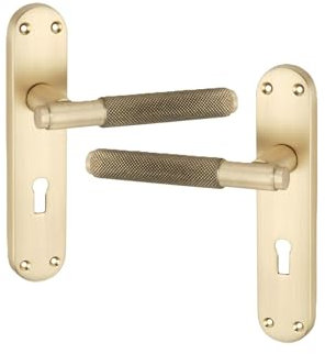 Infinity Decor Modern Style Knurled Lever Lock Door Handle on Keyhole Backplate Pair – Suitable for Internal & External Doors  (Satin Brass)