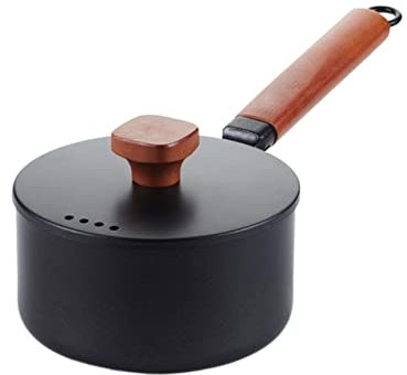 HJUGHPN Pot - Cazo de hierro fundido de 16 cm, olla pequeña antiadherente con tapa, mango de madera maciza, cacerola de 2 L, olla pequeña con tapa para cocinar