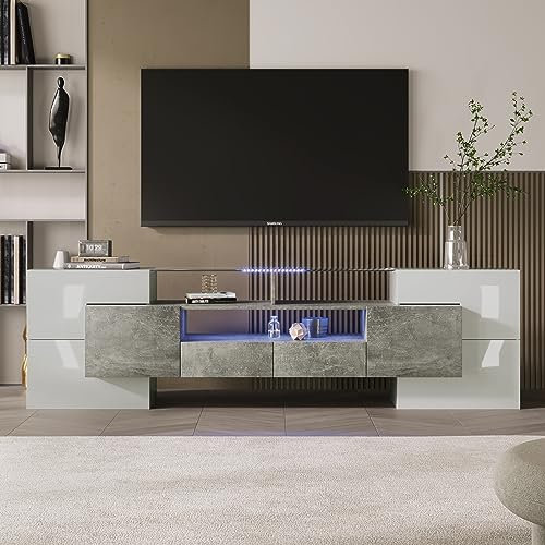 Elegante mueble de TV con panel bajo, color blanco brillante y negro, iluminación LED, elegante acabado en cristal, diseño moderno (blanco brillante y hormigón)