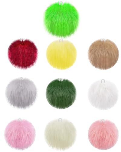 JEXOWIQ Kunstfell Pompons/Bommel, 10er Pack, Kaninchen Pompons, Häkelzubehör, Pelzpompons für Hüte, Taschenanhänger, Dekoration, für Damen und Mädchen, 10 Farben, 10 cm