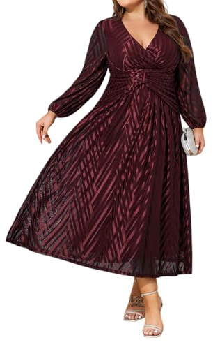 unewmy Plus Size Women V Neck Maxi Dress Wine Red