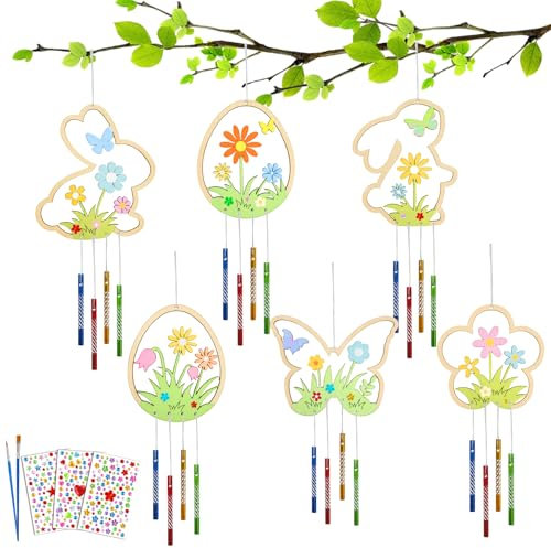 Osterdeko Frühling Windspiel Bastelset Kinder, 12 Stück Holz bastelset Ostern Kinder, Osterhase Ostereier Blumen Schmetterlinge - Bastelhandwerk zum Bemalen für Osterndeko Frühling Mädchen Junge