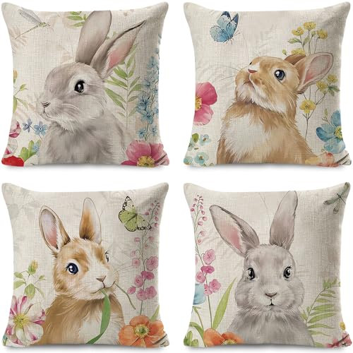 Sunshine smile 4 Stück Ostern Kissenbezug,45x45cm Ostern Dekokissenbezüge,Ostern Deko Kissenhülle,Kissen Ostern,Leinen Dekokissen,Frühling Happy Easter Zierkissenbezug Couch Wohnzimmer Deko