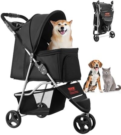 VEVOR Hundewagen, Tragkraft 16 kg, faltbarer Tierbuggy, Katzenwagen mit 3 Rädern, Netzfenstern & Getränkehaltern, Hundebuggy mit Bremse, für kleine bis mittelgroße Haustiere