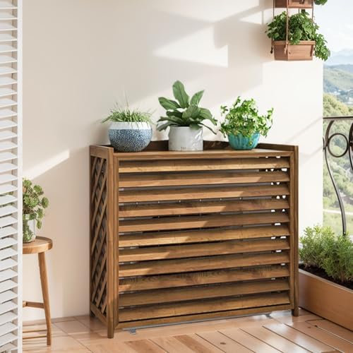 SeraphicCharm Madera Protector Aire Acondicionado Exterior Cubierta Aire Acondicionado Madera Funda Aire Acondicionado Grande Cubre Aire Acondicionado Madera Valla Balcon Soporte Macetas(86x35x80cm)