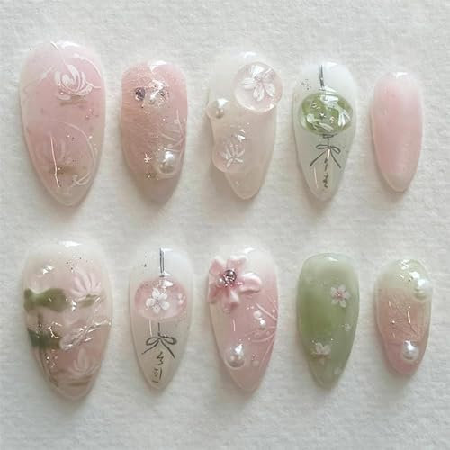 GlamRays 24 Stück 3D Handgemachte Falschnägel mit Anhängern, Blumen, Perlen, Vollüberzug, Aufkleber-Nägel, Kunstharznägel, Frühlingsblumen-Falschnägel