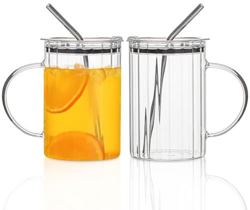 2-Pack 34oz (1L) Glass Tumblers with Handles, Lids & Stainless Steel Straws – Extra-Large Leak-Proof Cups for Iced Coffee, Bubble Tea and Cocktails, Perfect for Christmas, Thanksgiving and Summer BBQs