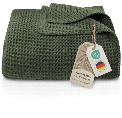 LAYNENBURG Premium Waffelpique Baumwolldecke 150x200 cm - Oeko-TEX 100 - Baumwollmix Kuscheldecke - Decke als Wohndecke, Sofa-Decke & Couchdecke - Wolldecke kuschelig-warm aus Baumwolle (dunkelgrün)
