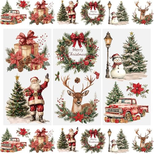 WANDIC 3 Bogen Weihnachtsaufkleber Groß, Vintage Sticker Weihnachten, Möbel Aufkleber, Wasserdicht, Rub on Sticker Weihnachten Dekor für Junk Journal und Scrapbook, 15 x 30 cm