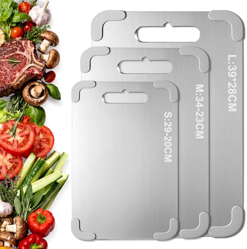 Titan Schneidebrett Set 3-teilig, S316 Schneidebrett Edelstahl, BPA-freies Doppelseitiges Lebensmittel Titanium Cutting Board, ideal für Fleisch, Brot, Gemüse & Obst,Mit abnehmbarem Anti-Rutsch-Pad