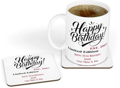 Personalised Mug & Coaster - Birthday Limited Edition Design Gift for Him Her Boys Men 18th 21st 30th 40th 50th 60th 65th 70th 80th Dad Son Grandad, Ceramic