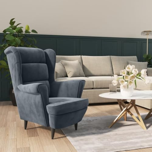 Massbinet Ohrensessel Modern Holzbeine Sessel Polstersessel Fernsehsessel mit Armlehnen Einzelsofa Sitzkomfort Dunkelgrau Samt